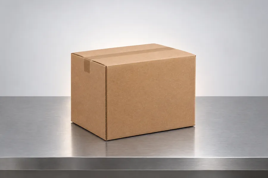 Uma caixa de papelão fechada com fita, sobre uma bancada de inox. Imagem ilustrativa de um pedido, gerada por inteligência artificial.