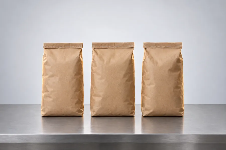 Três sacos de papel kraft fechados, lado a lado, sobre uma bancada de inox. Imagem ilustrativa dos insumos secos, gerada por inteligência artificial.